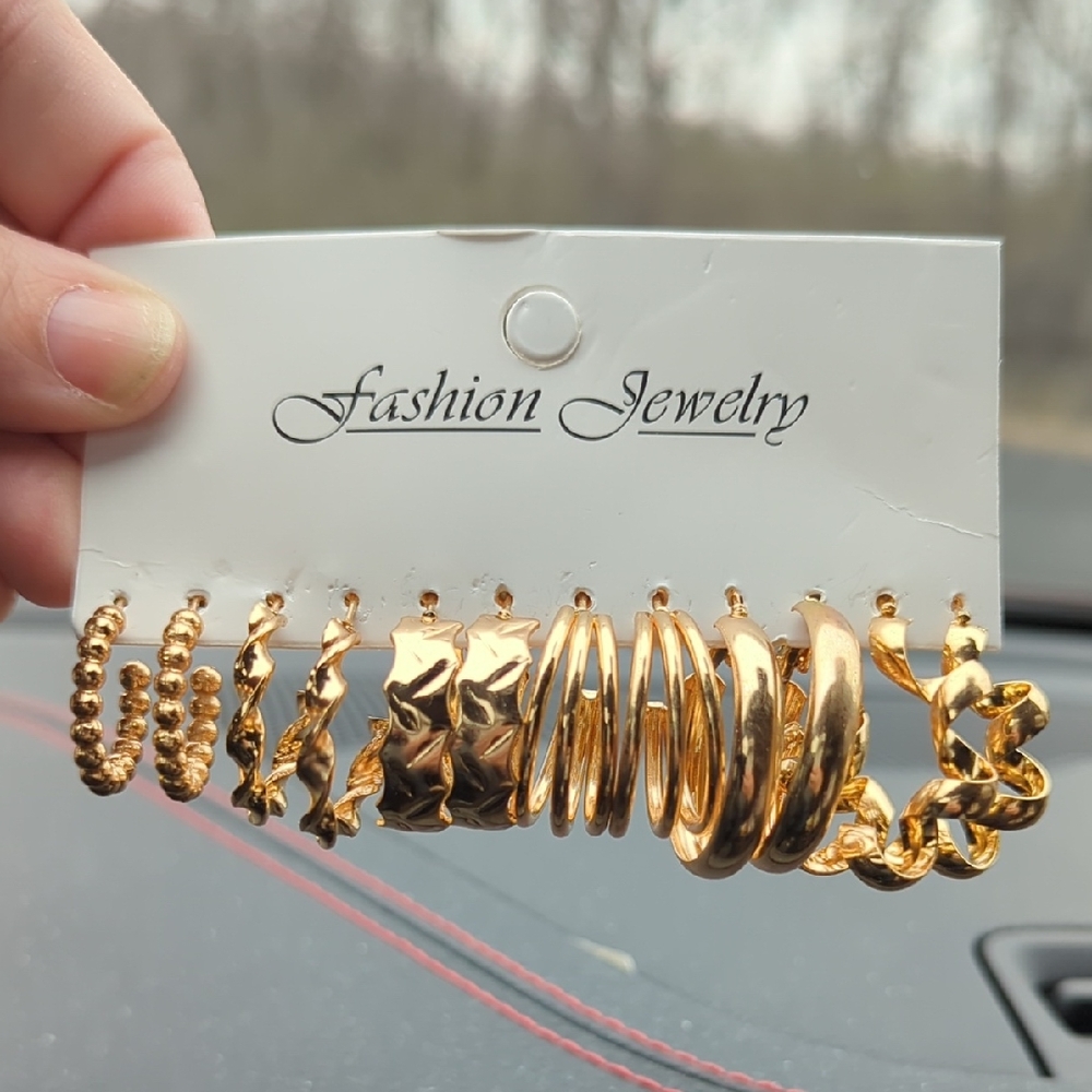 Gold Tone Mixed Hoop Styles Earring Set